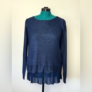 Sioni Womens Long Sleeve Sweater Navy Blue Medium Sequin Pleated Lined Pullover